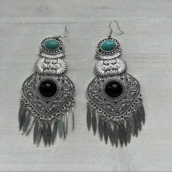 Boho Silver and Turquoise Tassel Oversized Dangle Retro Artsy Tribal Earrings - Picture 12 of 12